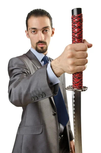 Beyaz üzerine kılıç ile işadamı — Stok fotoğraf
