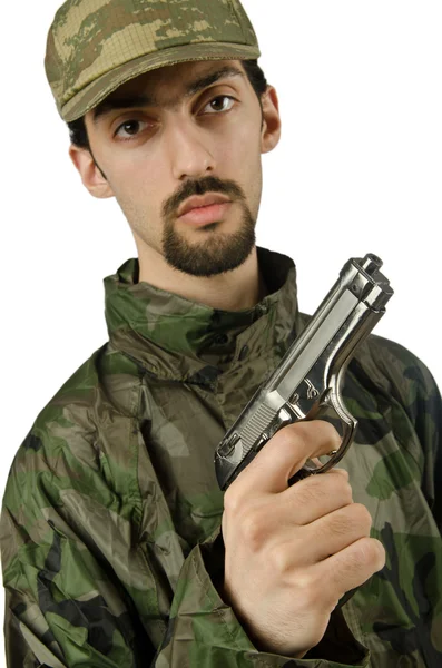 Soldat avec pistolet isolé sur blanc — Photo