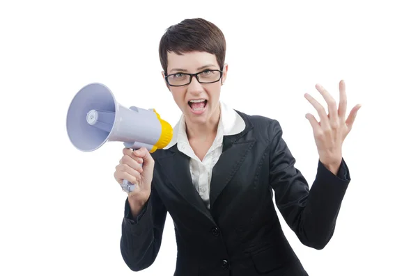 Junge Geschäftsfrau schreit in Lautsprecher — Stockfoto