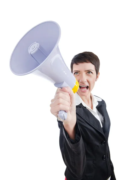 Jonge bedrijf dame schreeuwen naar luidspreker — Stok fotoğraf