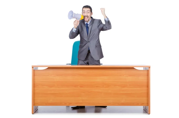 Empresário com alto-falante na mesa — Fotografia de Stock