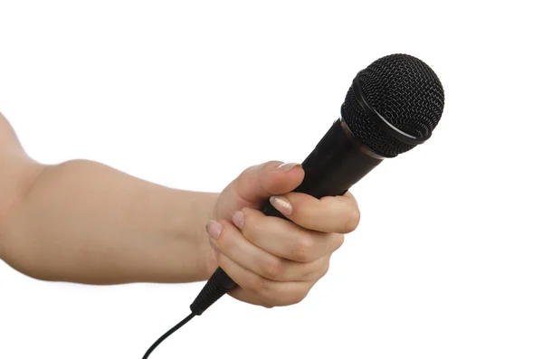 Hand med mikrofon på vit — Stockfoto