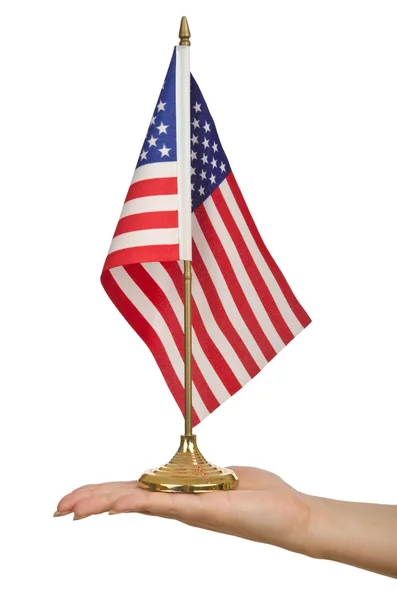 El beyaz Amerikan bayrağı tutarak — Stok fotoğraf
