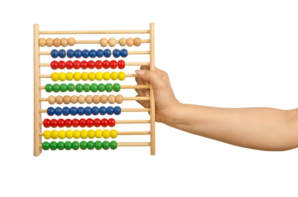 Hand holding abacus on white — Stock Photo, Image