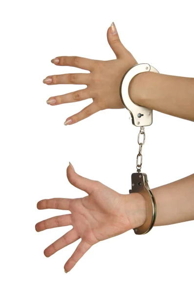 Handcuffed hands on white background — Stock Photo, Image