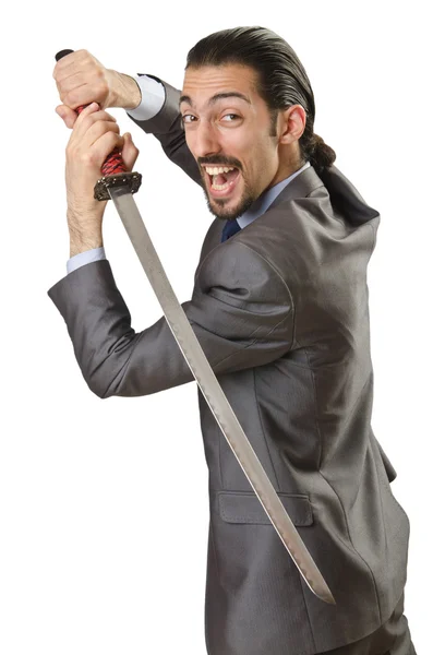 Бізнесмен з мечем на білому — стокове фото