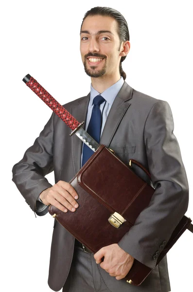 Biznesmen z mieczem na biały — Zdjęcie stockowe