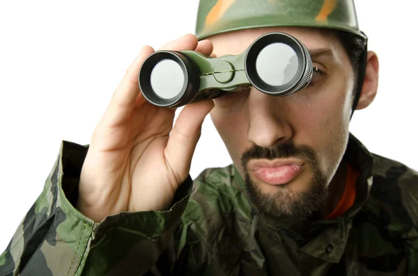 Soldato divertente con binocolo — Foto Stock
