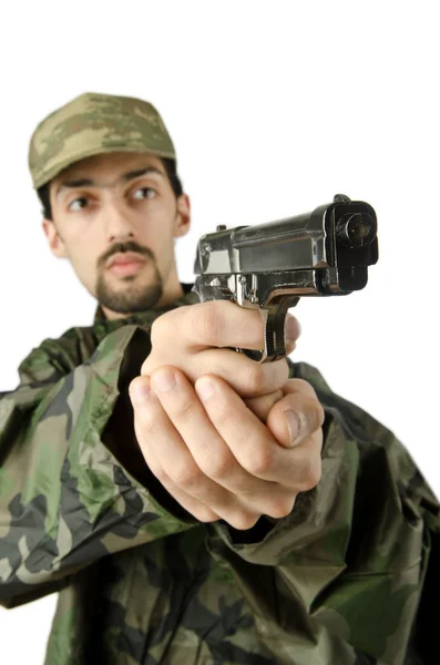 Soldat mit Waffe isoliert auf weiß — Stockfoto