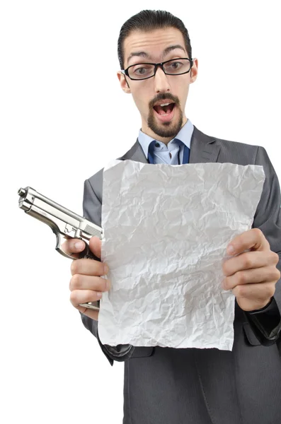 白で隔離される銃を持ったビジネスマン — ストック写真