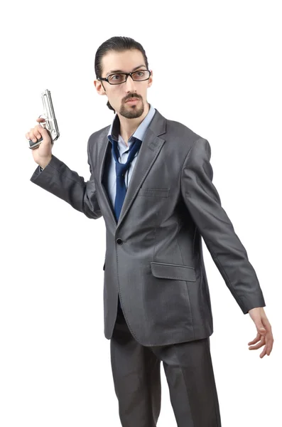 Geschäftsmann mit Waffe isoliert auf Weiß — Stockfoto