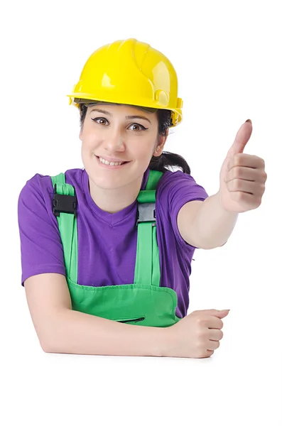 Mulher trabalhadora com chapéu duro no branco — Fotografia de Stock