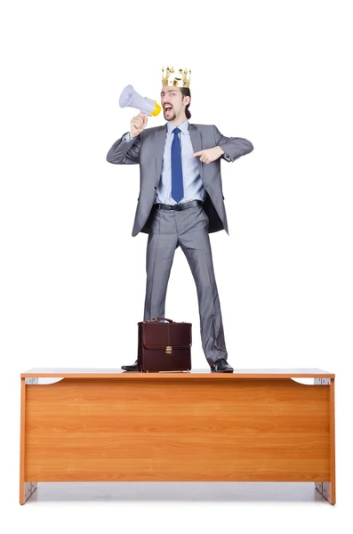 Man on the desk shouting loudspeaker — Stock Photo, Image