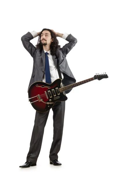 Guitarrista en traje de negocios en blanco —  Fotos de Stock