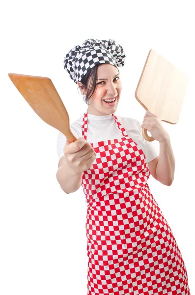 Kvinna kock isolerad på den vita Stockbild