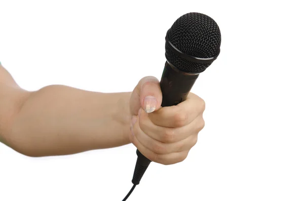 Hand with microphone on white — Stock Photo, Image
