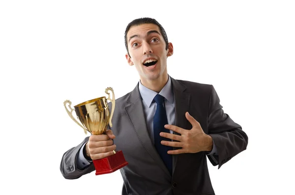 Man being awarded with golden cup — Stock Photo, Image