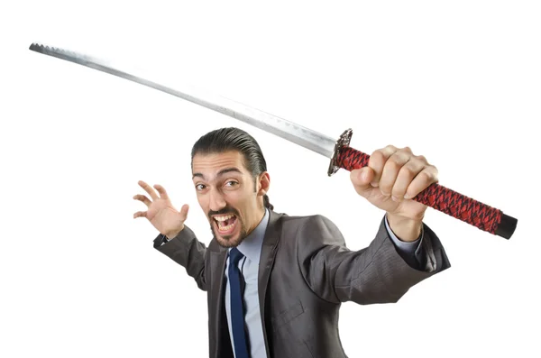 Homme d'affaires avec épée sur blanc — Photo