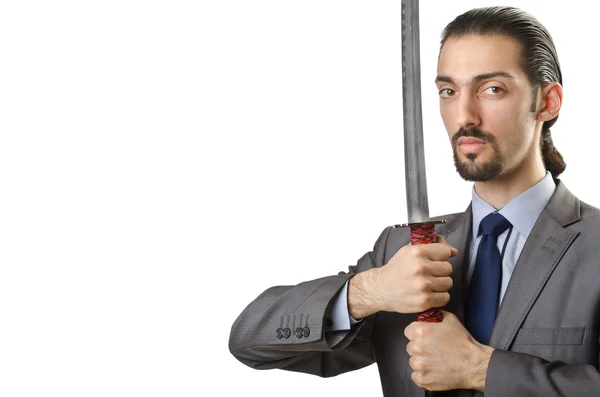 Affärsman med svärd på vit — Stockfoto