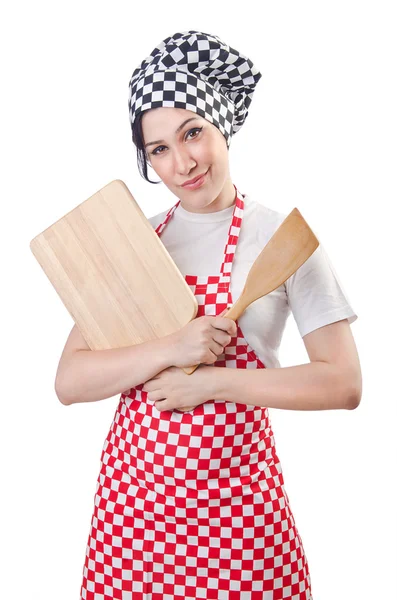 Γυναίκα μαγείρισσα απομονωμένη στο λευκό — Φωτογραφία Αρχείου