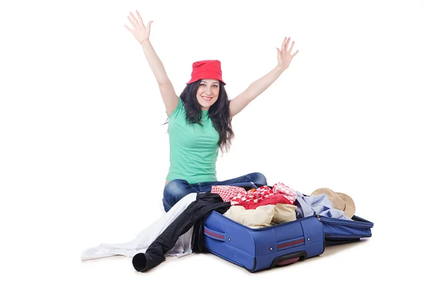 Girl packing for travel vacation — Stock Photo, Image