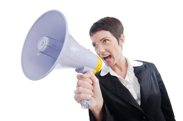 Jonge bedrijf dame schreeuwen naar luidspreker — Stok fotoğraf