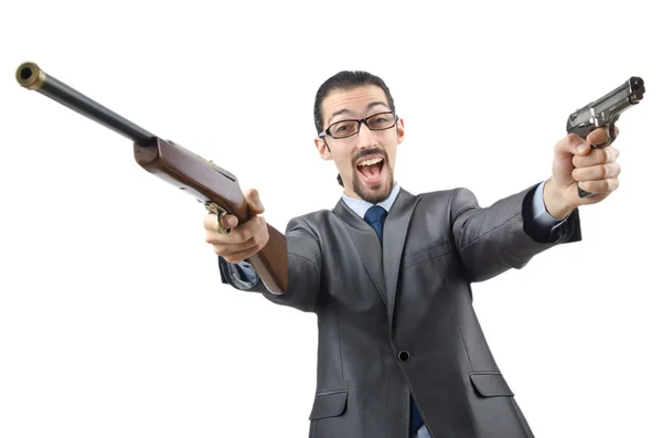 Geschäftsmann mit Waffe isoliert auf Weiß — Stockfoto