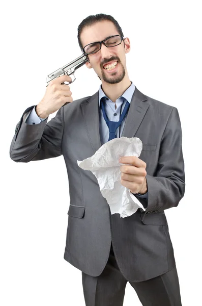 Uomo d'affari con pistola isolata su bianco — Foto Stock