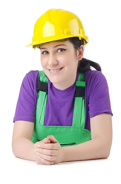 Žena pracovník s bezpečnostní přilba na bílém pozadí — Stock fotografie