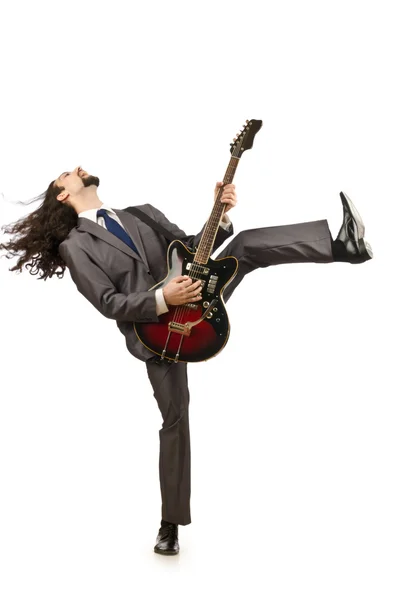 Biznesmen gry na gitarze na biały — Zdjęcie stockowe