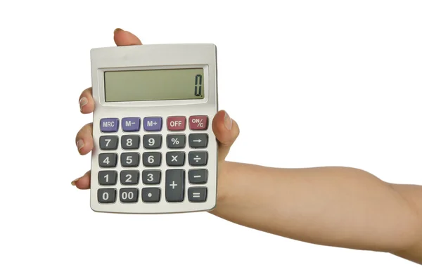 Calculatrice main tenant sur blanc — Photo