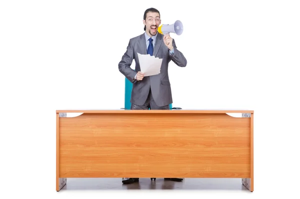 Biznesmen z głośnika na biurku — Zdjęcie stockowe
