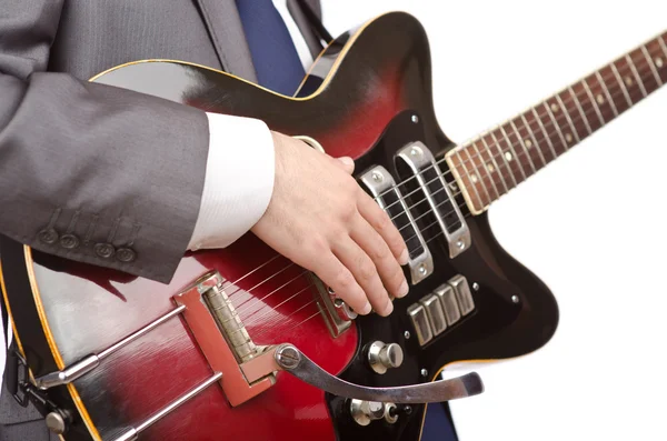 Businessman playing the guitar on white — Stock Photo, Image