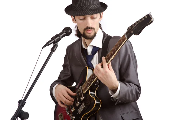 Uomo d'affari che suona la chitarra su bianco — Foto Stock
