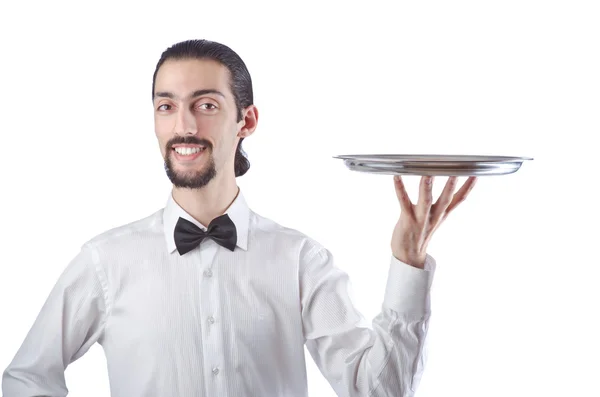 Jonge ober met zilveren dienblad — Stockfoto