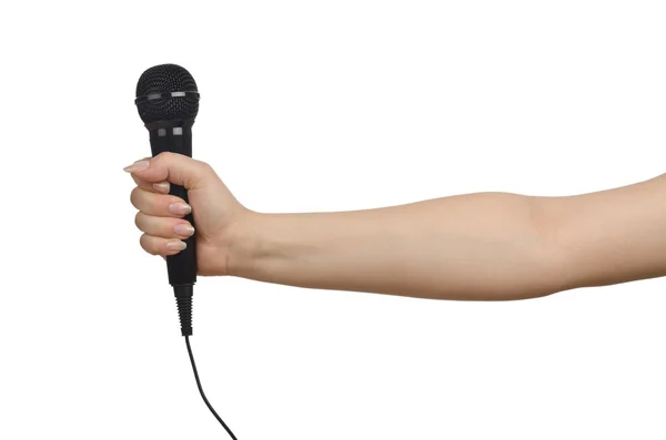 Mano con microfono su bianco — Foto Stock