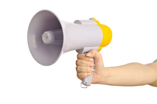 Mão segurando alto-falante no branco — Fotografia de Stock