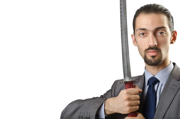 Empresário com espada sobre branco — Fotografia de Stock