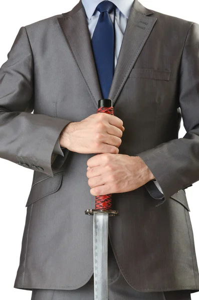 Geschäftsmann mit Schwert auf Weiß — Stockfoto
