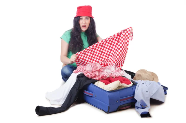 Flicka packning för resor semester — Stockfoto