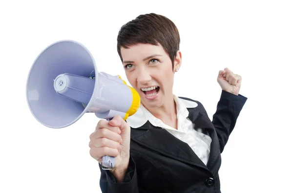 Giovane donna d'affari urla di altoparlante — Foto Stock