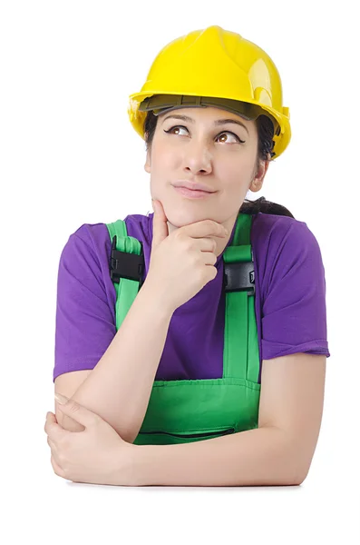 Kadın işçi kask üzerinde beyaz ile — Stok fotoğraf