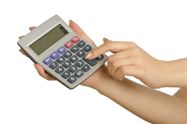 Hand holding calculator op wit — Stockfoto