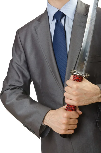 Businessman with sword on white — Stock Photo, Image