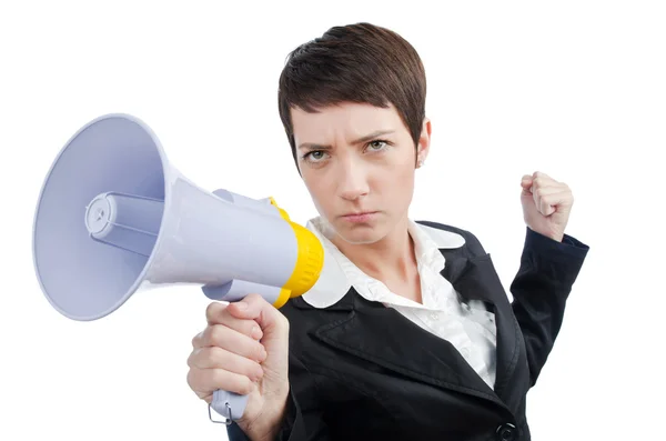 Jonge bedrijf dame schreeuwen naar luidspreker — Stockfoto