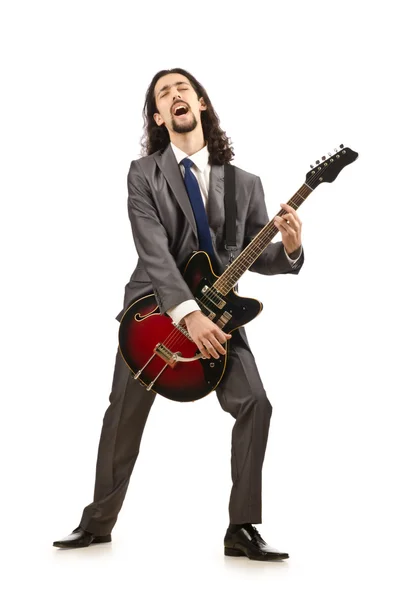 Podnikatel hraje na kytaru na bílém pozadí — Stock fotografie