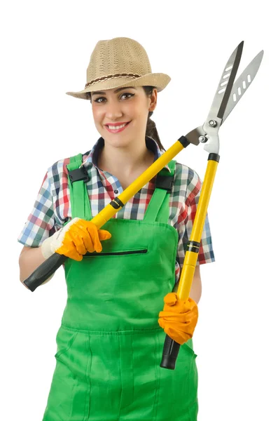 Dívka s zahradní nůžky na bílém pozadí — Stock fotografie