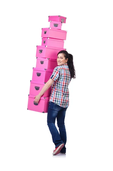 Mädchen mit Stapel von Geschenkboxen auf weiß — Stockfoto