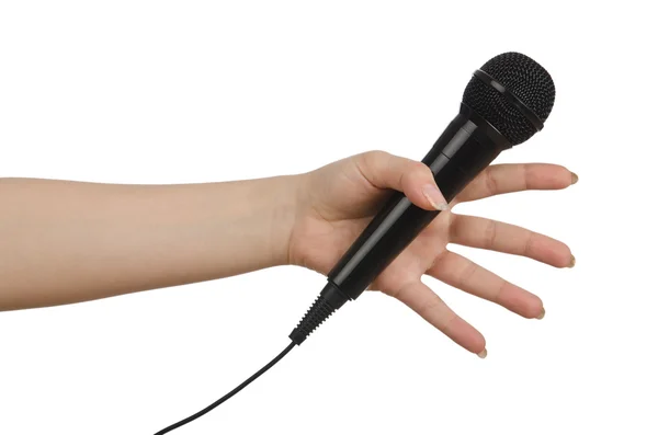 Mano con microfono su bianco — Foto Stock