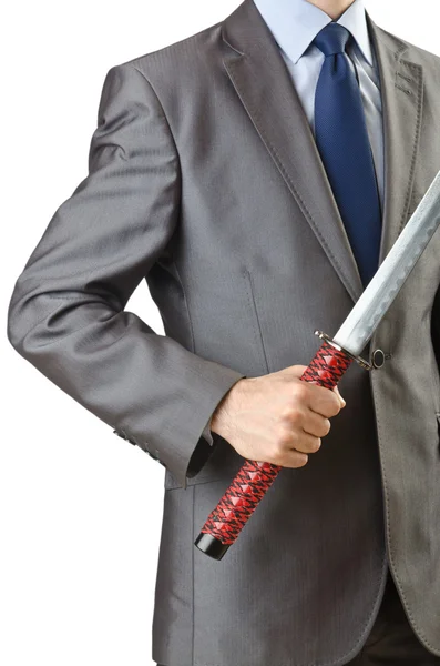 Homme d'affaires avec épée sur blanc — Photo